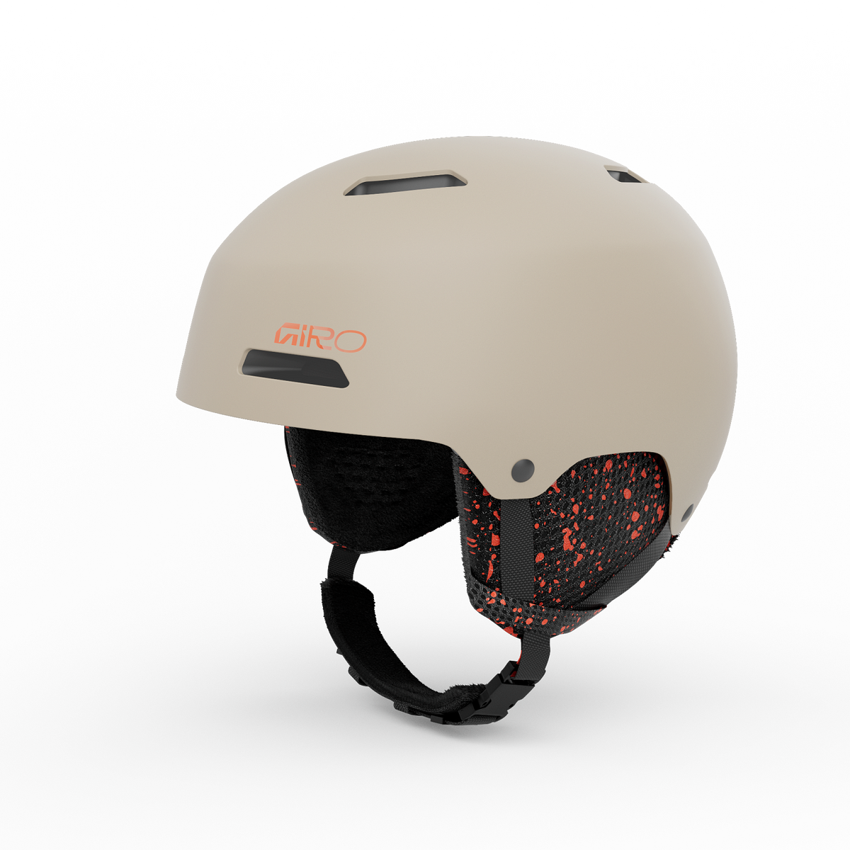 Giro youth ski helmet, matte stone with patterned ear pads and chin strap