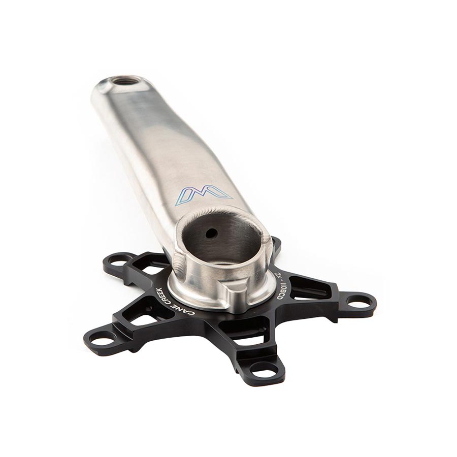 Bike rotor spider assembly with silver mounting hub and black multi-hole arms