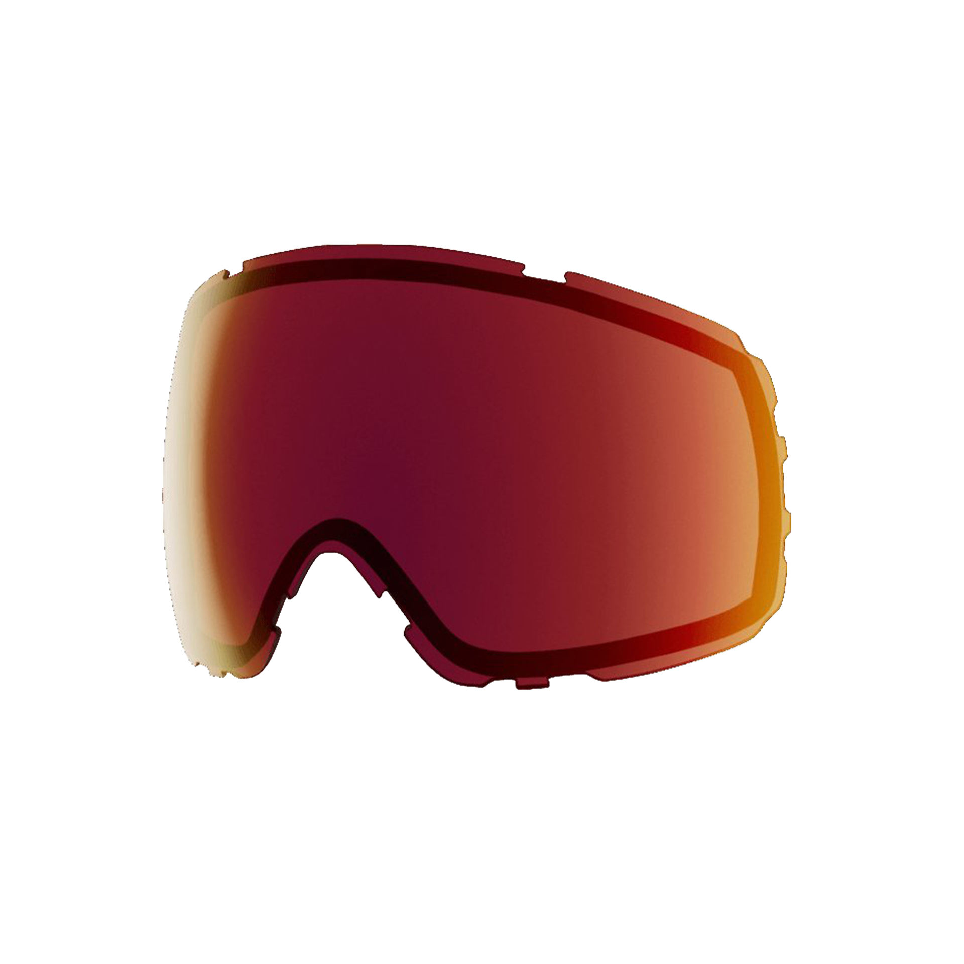 Ski goggle replacement lens with red mirror finish and dark frame