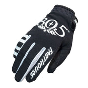 Black motorcycle riding glove with large white graphic print and hook-and-loop wrist