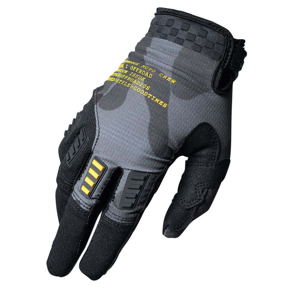 Camo and black off-road motorcycle glove with padded knuckles