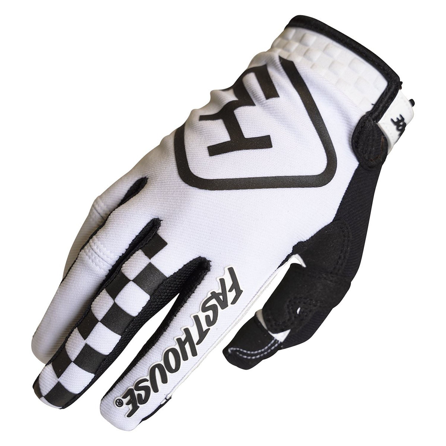 White motorcycle riding glove with black H logo and checkered stripe details