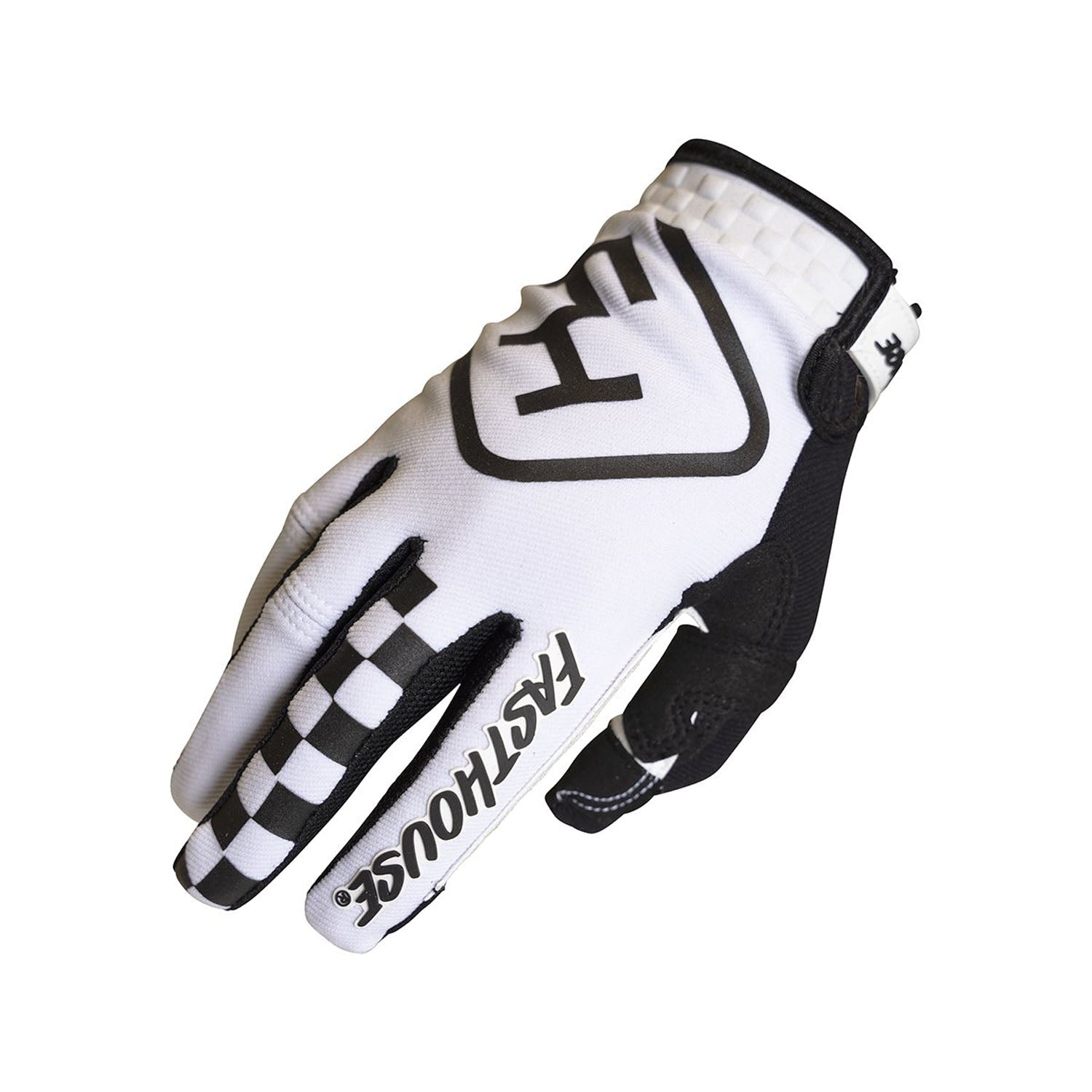 Youth motorcycle glove in white and black with checker logo print on back