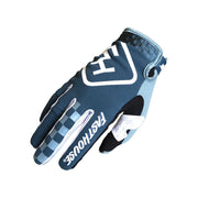 Youth motorcycle glove in blue and black with white graphic and checker stripe