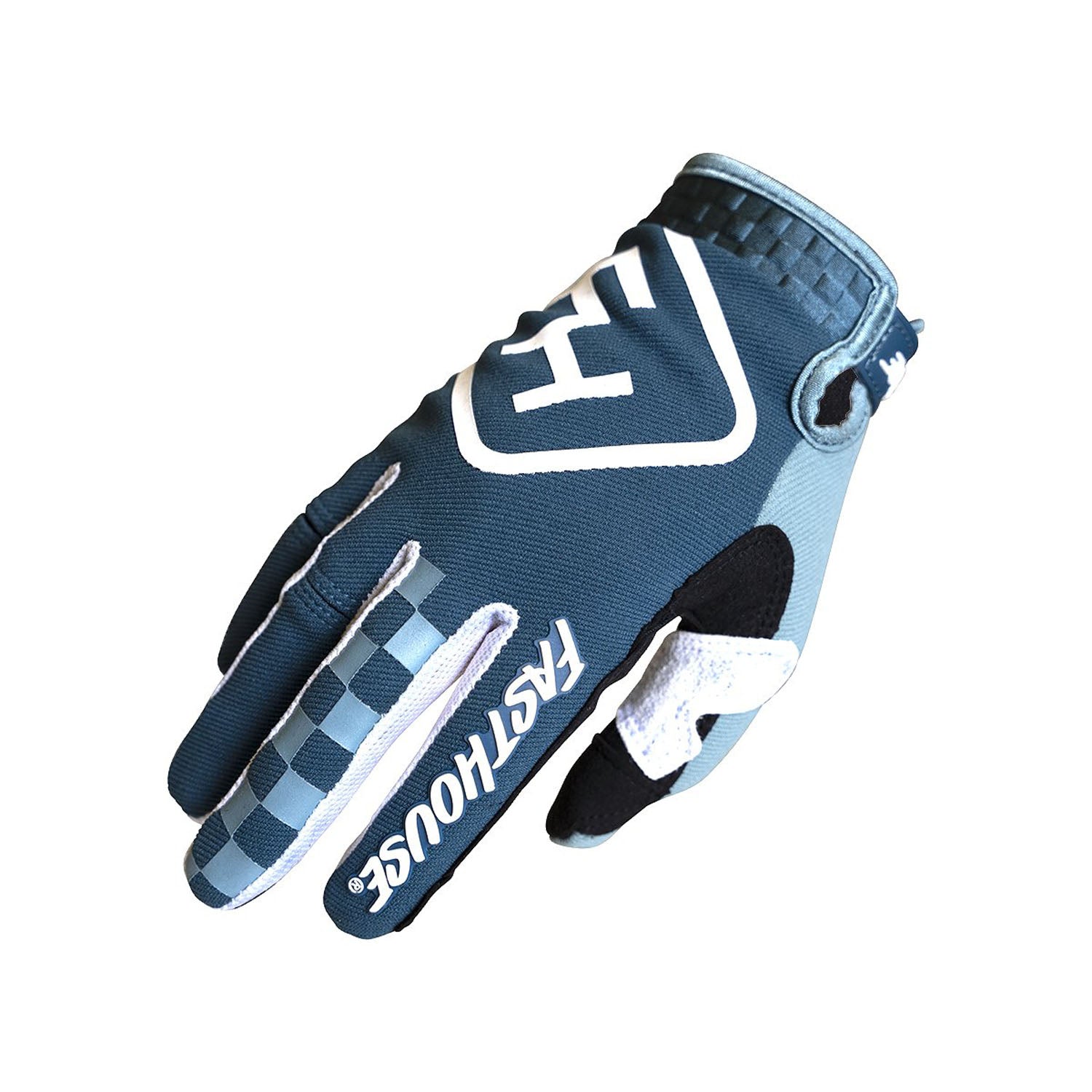 Youth motorcycle glove in blue and black with white graphic and checker stripe