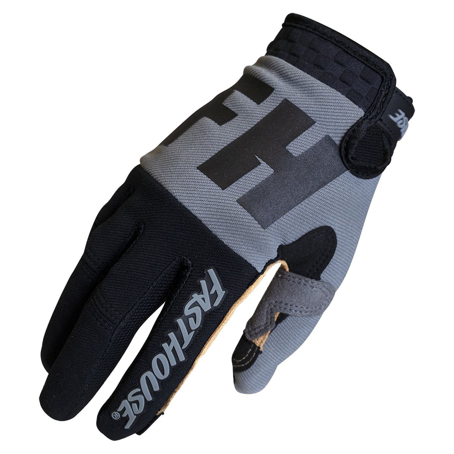 Light blue motorcycle riding glove with oversized dark logo and black wrist strap