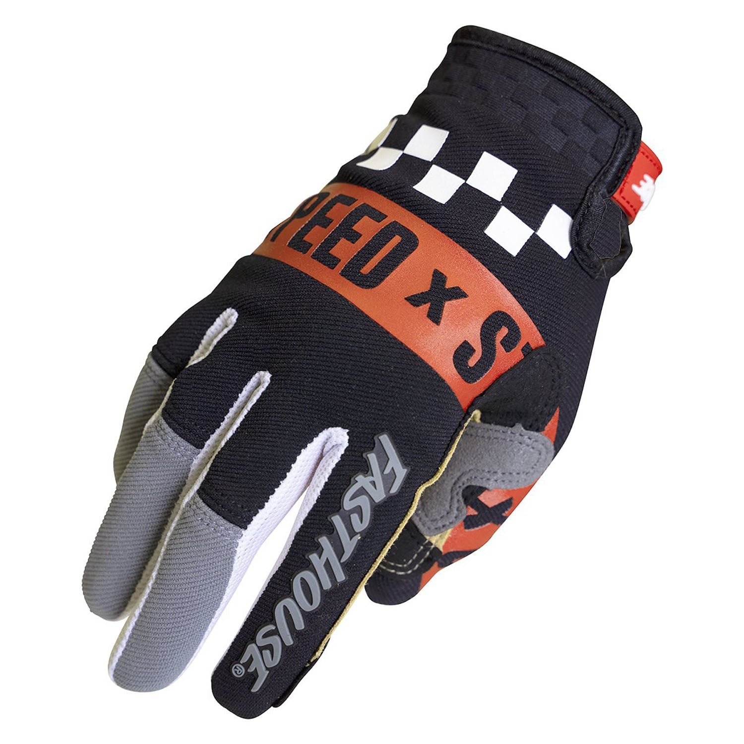 Black motorcycle riding glove with orange logo panel and checkered graphic accents