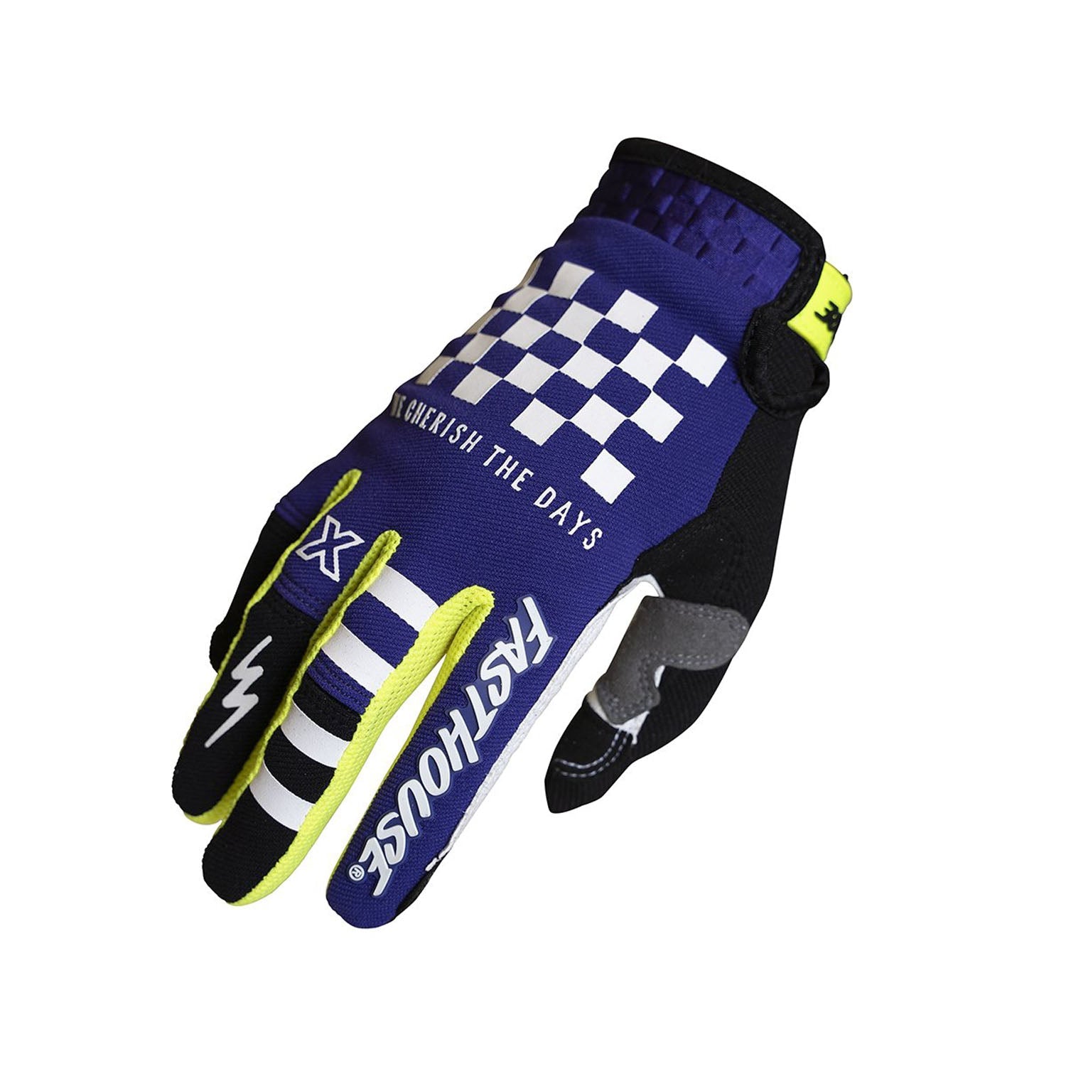 Youth motorcycle glove in purple and black with checker pattern and neon green accents