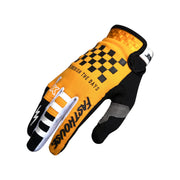 Youth motorcycle glove in orange and black with checker pattern and white logo