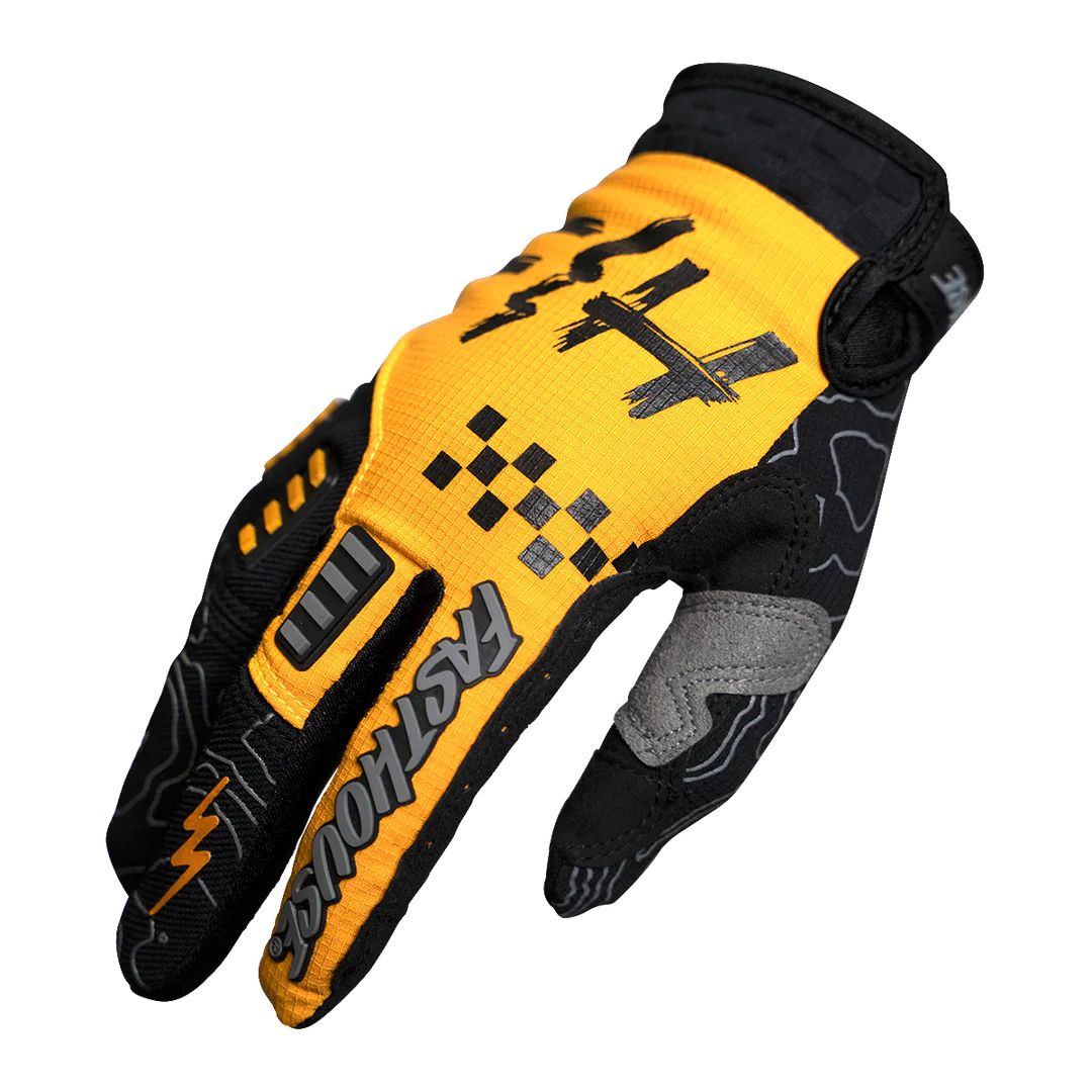 Amber and black off-road gloves with knuckle padding and hook-and-loop wrist strap