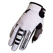 White motocross air glove with padded knuckles and black logo accents