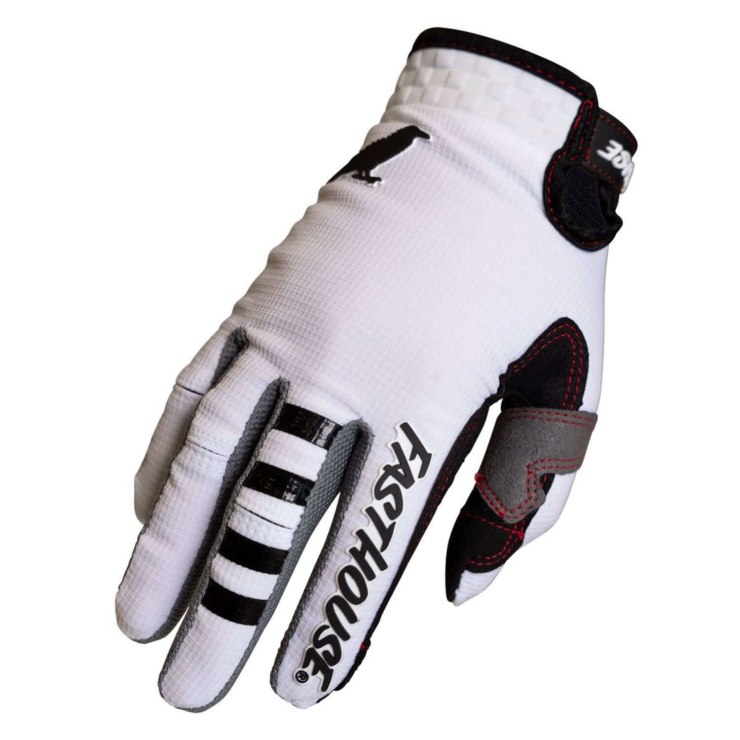 White motocross air glove with padded knuckles and black logo accents