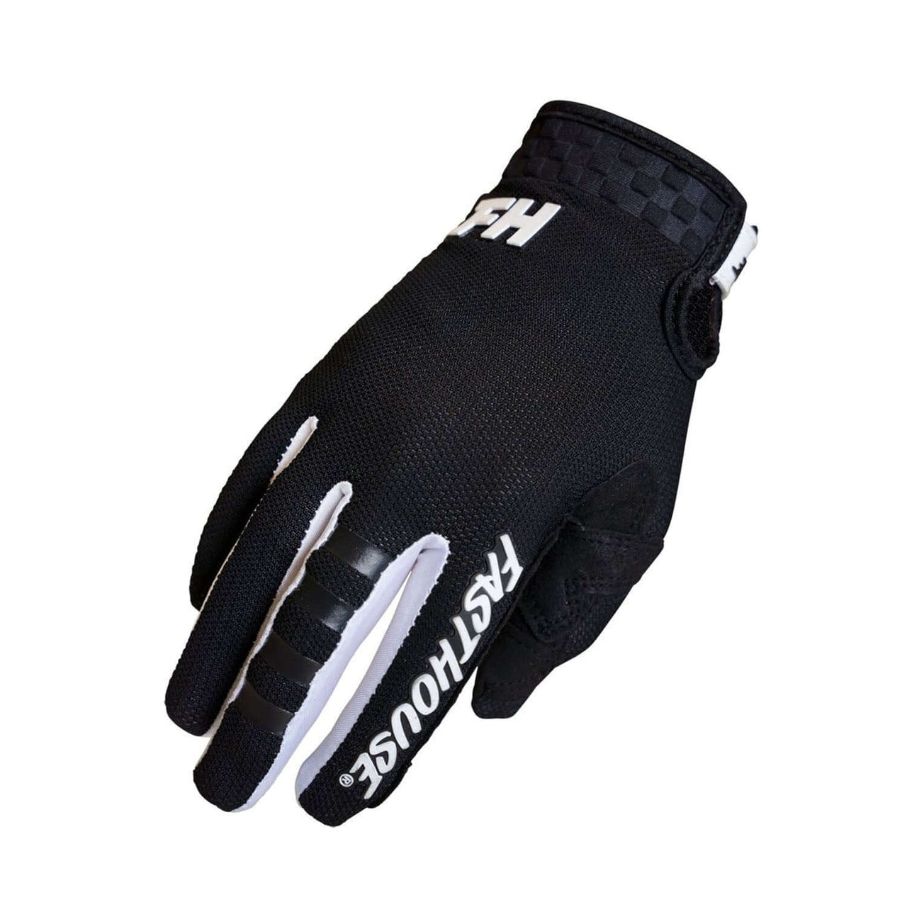 Fasthouse youth A/C Elrod Air gloves, black with white logo and finger accents