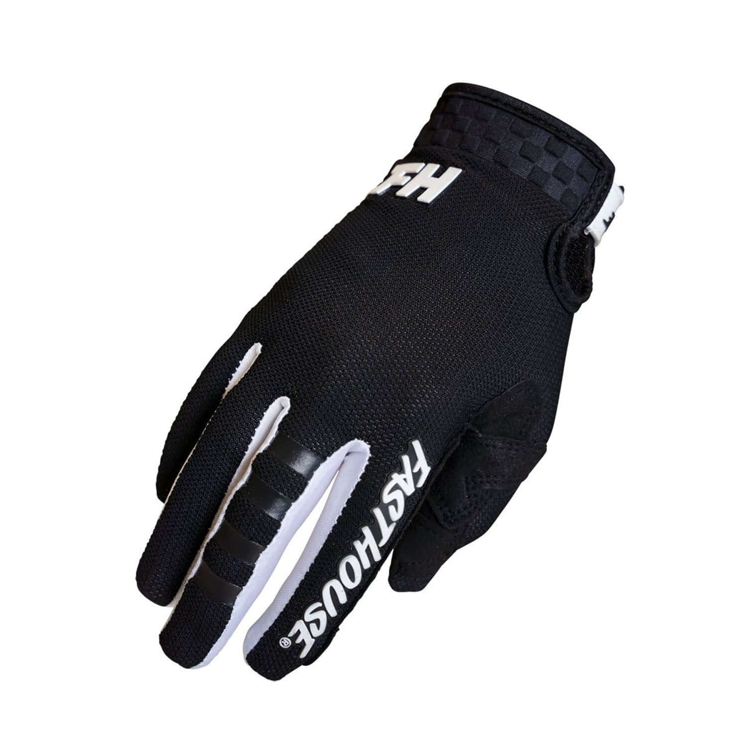 Fasthouse youth A/C Elrod Air gloves, black with white logo and finger accents