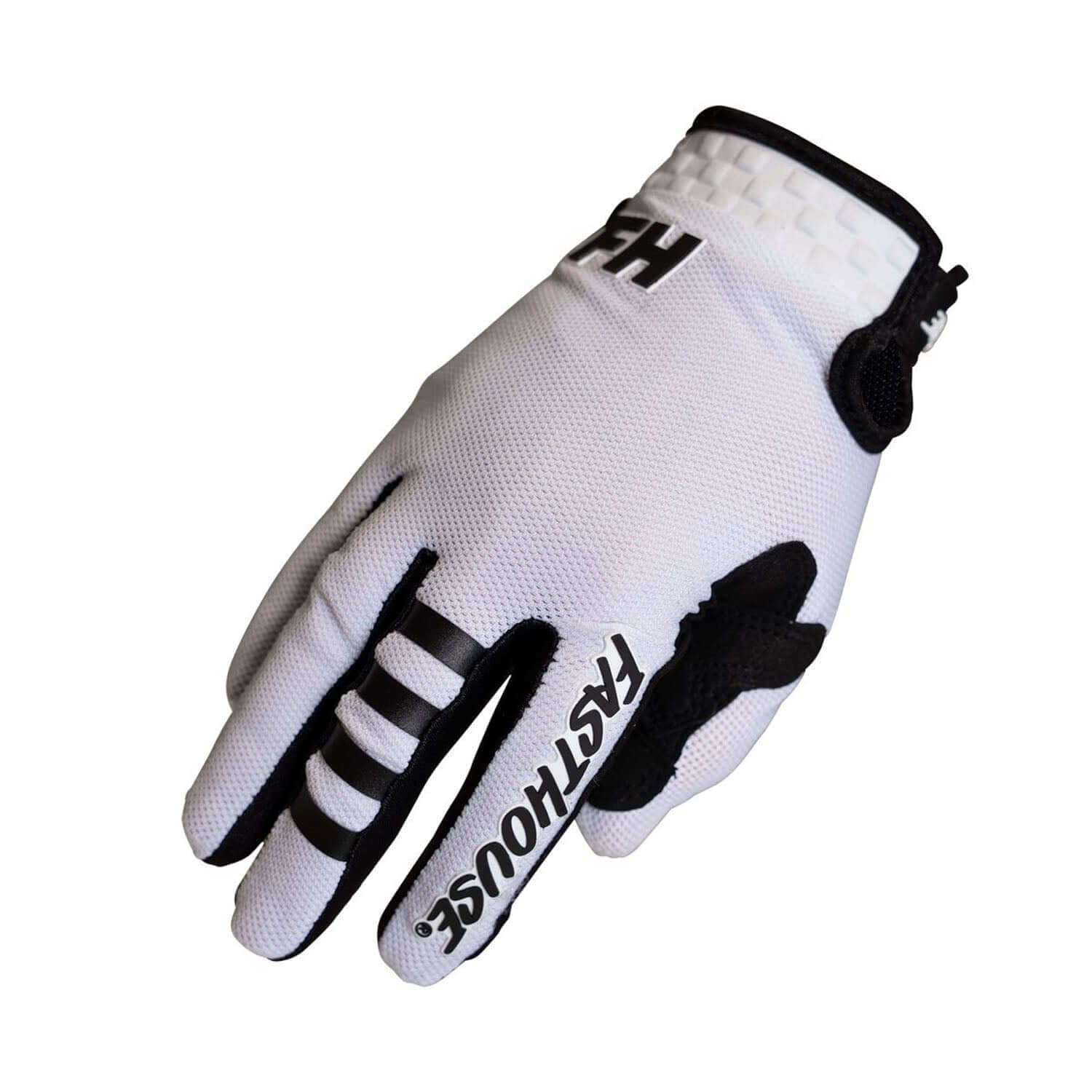Fasthouse youth A/C Elrod Air gloves, white with black logo and dark finger patches