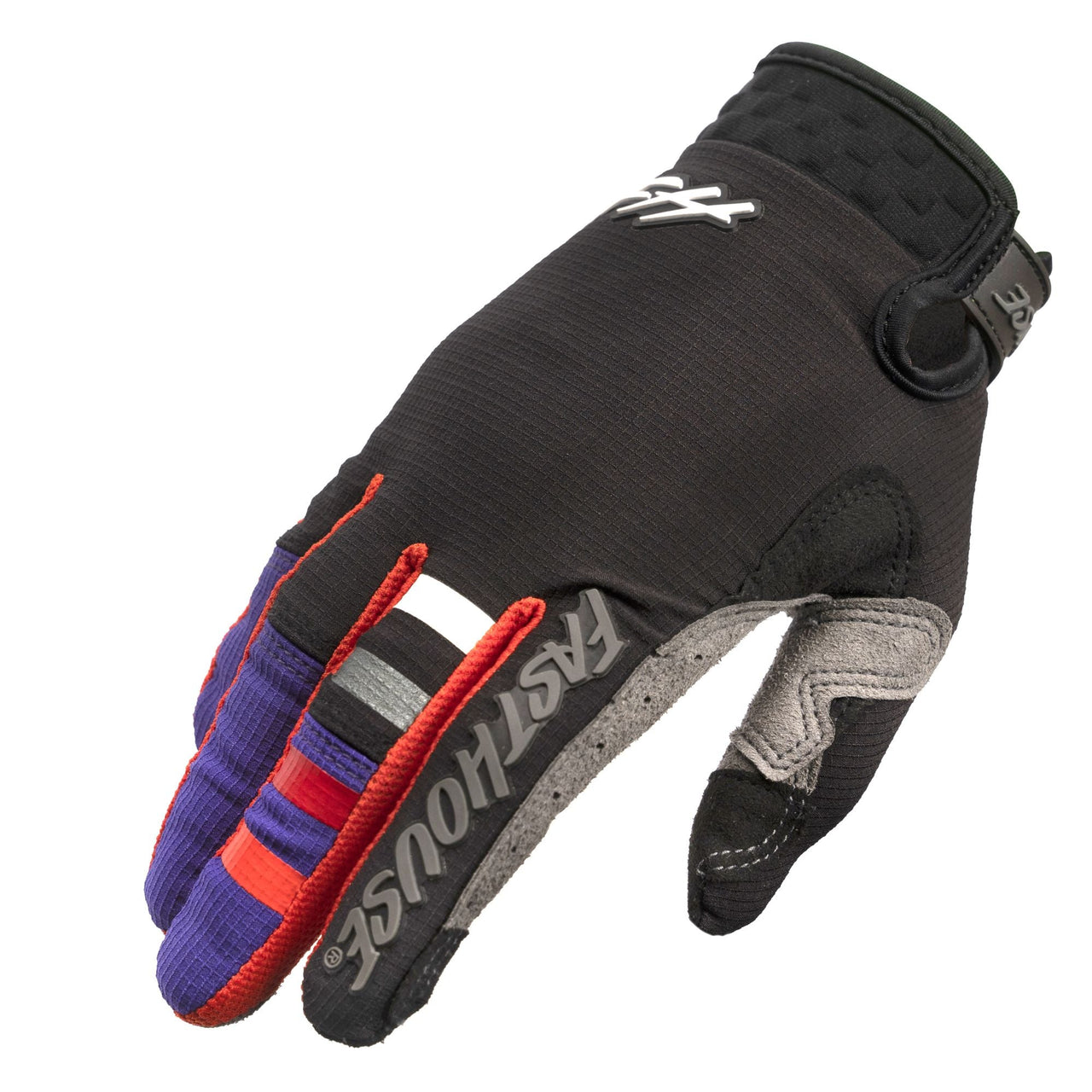 Black and purple motocross glove with red-blue striped fingers and knuckle logo