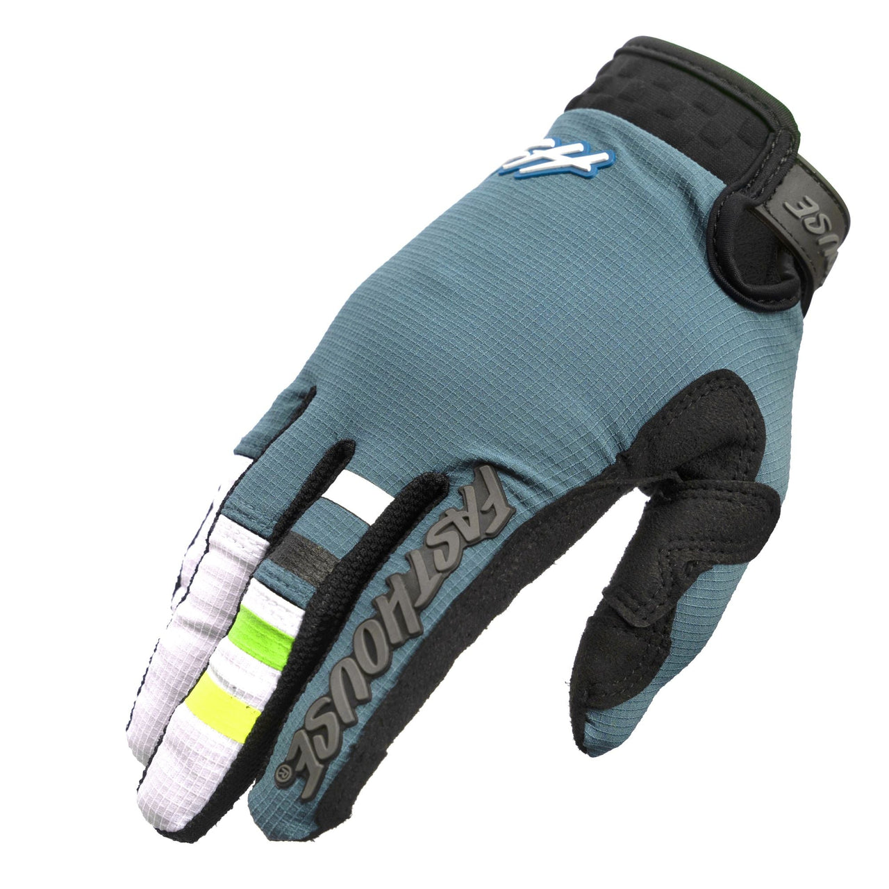 Light blue motocross glove with black and white striped fingers and Fasthouse branding