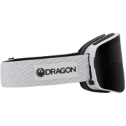 White snow goggles with black lens and DRAGON nameplate