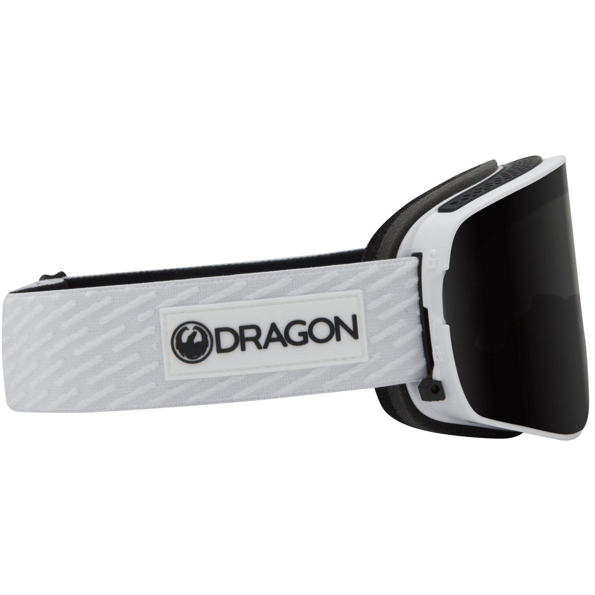 White snow goggles with black lens and DRAGON nameplate