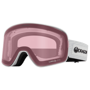 Pink-tinted snow goggles with white frame and LumaLens branding