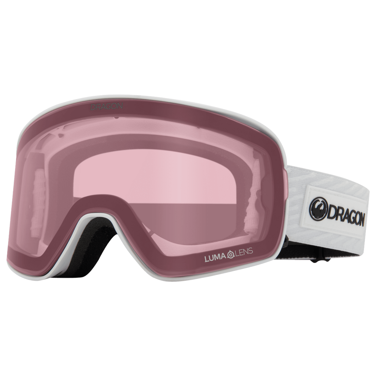 Pink-tinted snow goggles with white frame and LumaLens branding