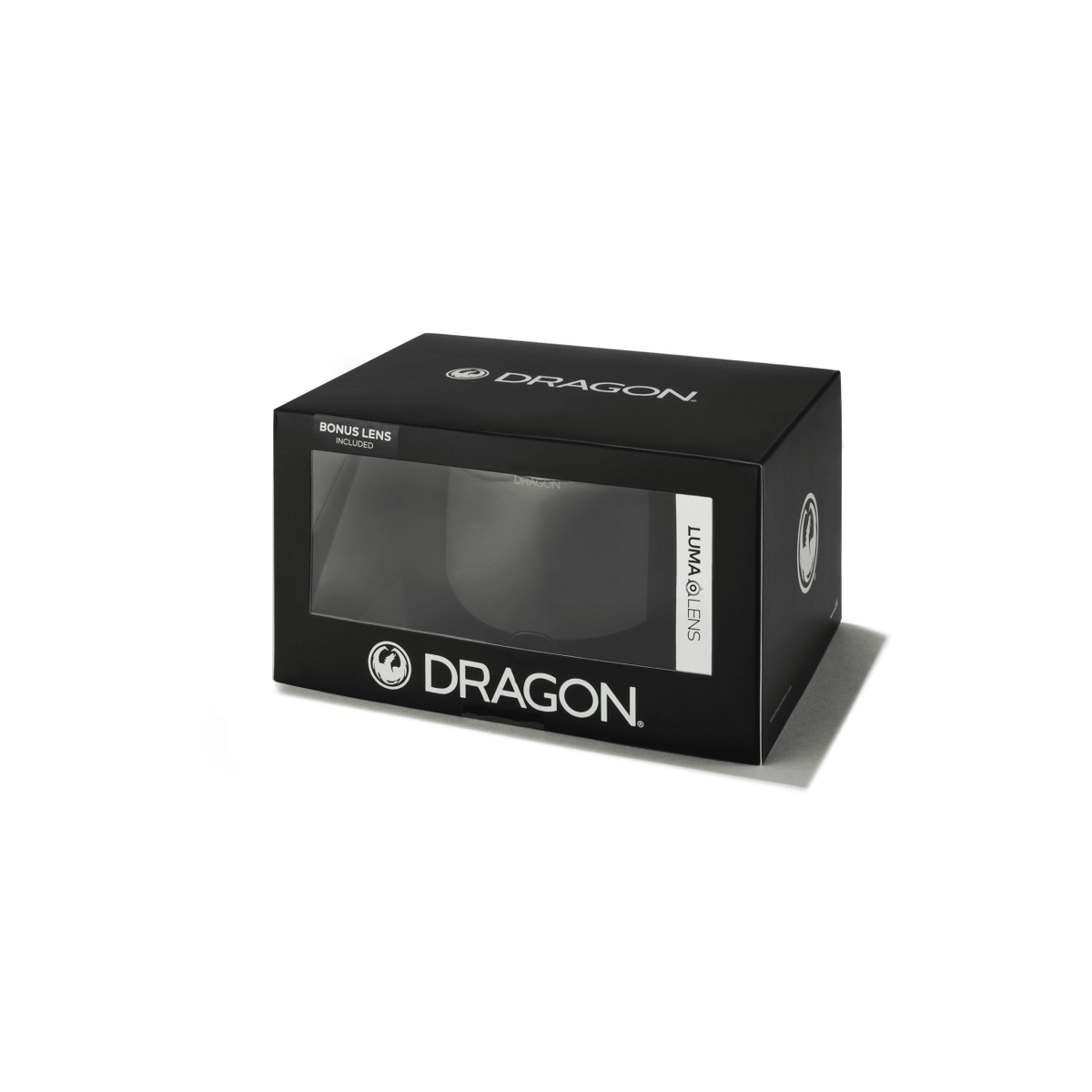 Black goggles lens box with BONUS LENS and DRAGON branding