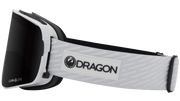 White-and-black snow goggles with DRAGON logo on strap
