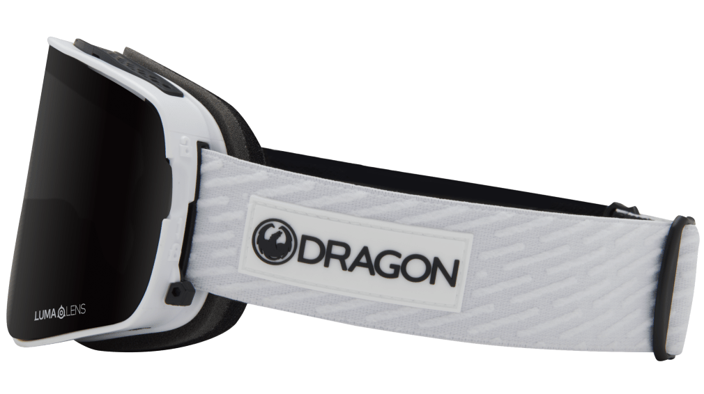 White-and-black snow goggles with DRAGON logo on strap