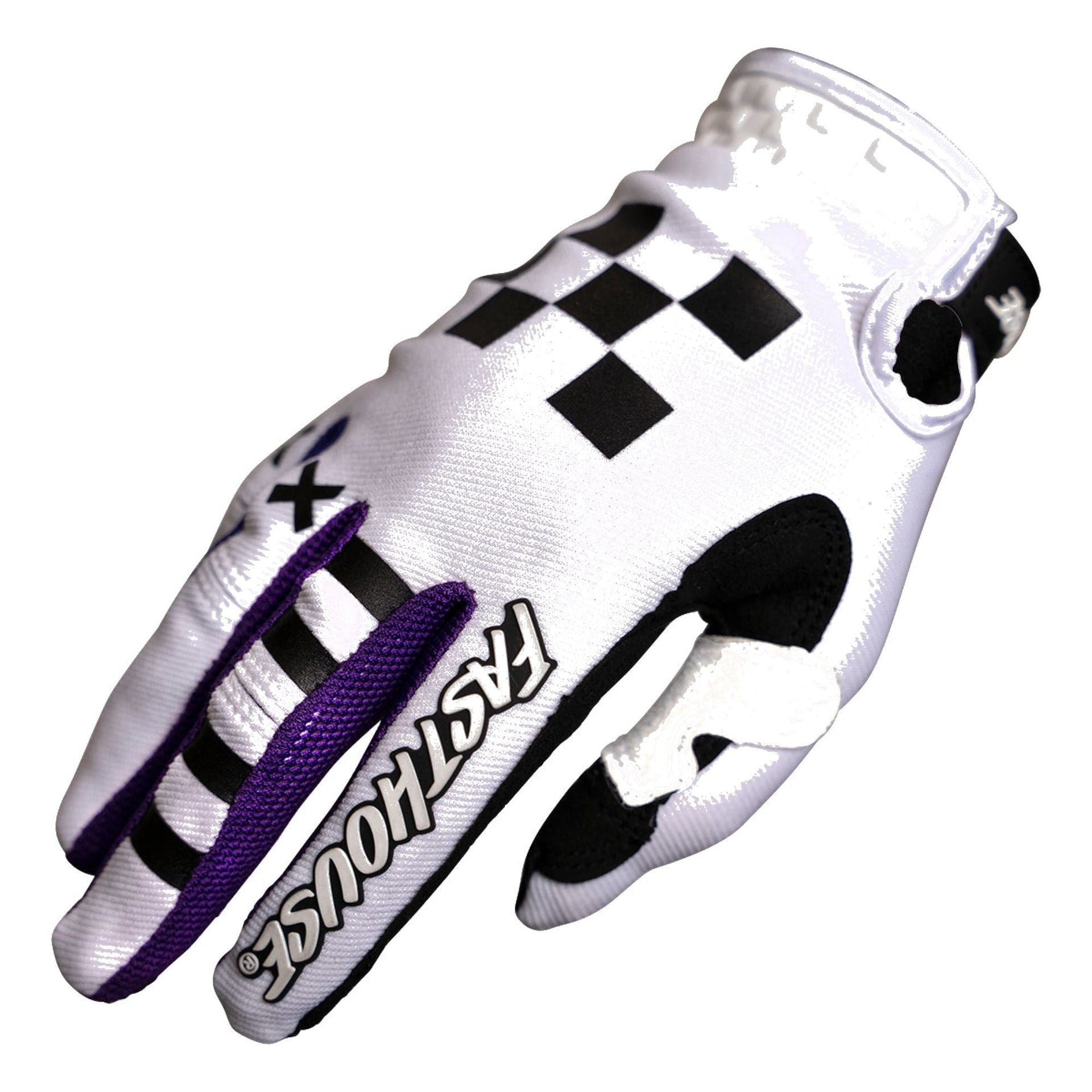 Fasthouse Speed Style glove in white with black checker pattern and purple accents
