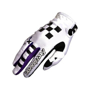Youth motocross gloves, white with black checkered graphic and purple details