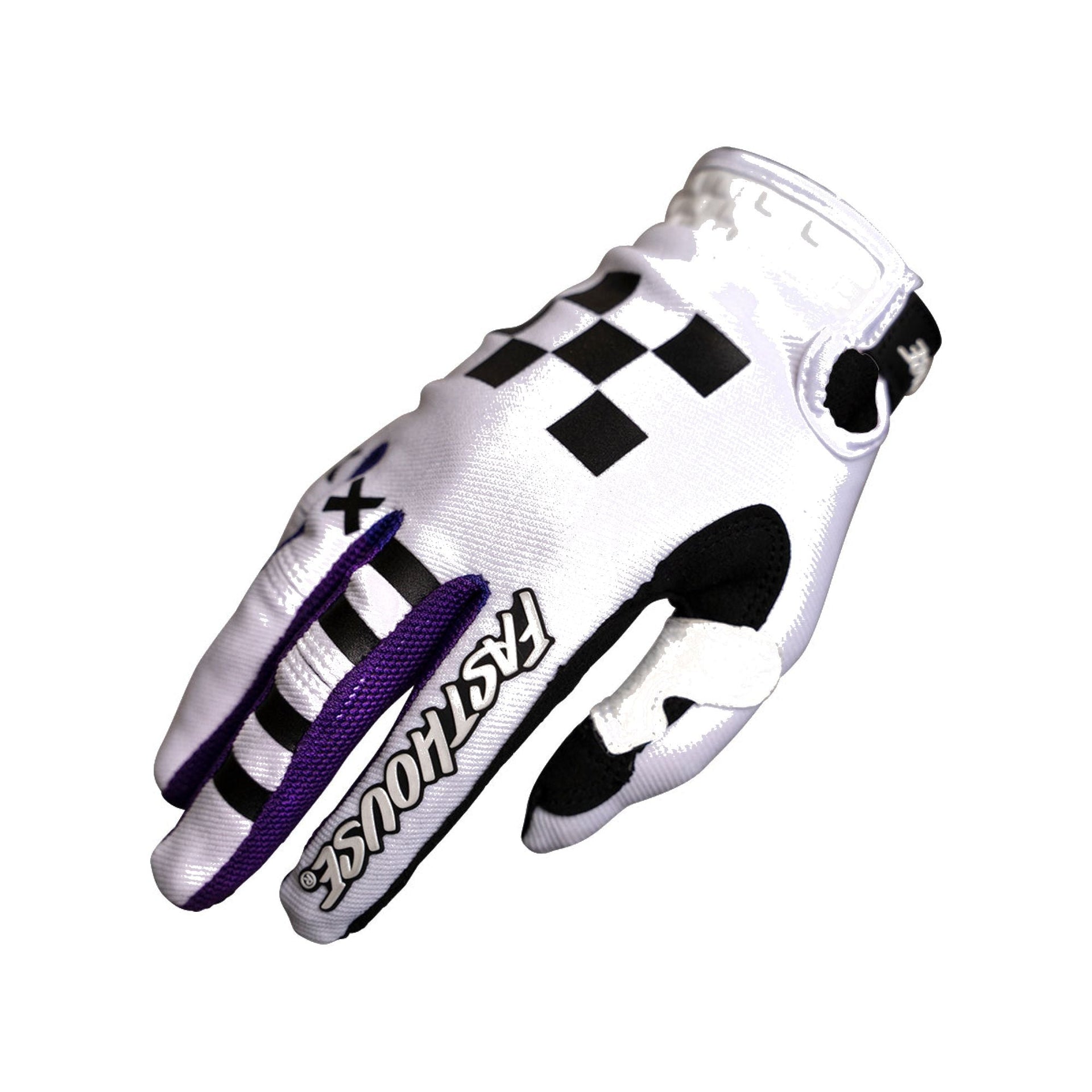 Youth motocross gloves, white with black checkered graphic and purple details