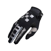 Youth motorcycle glove in dark gray and black with checker stripe accents