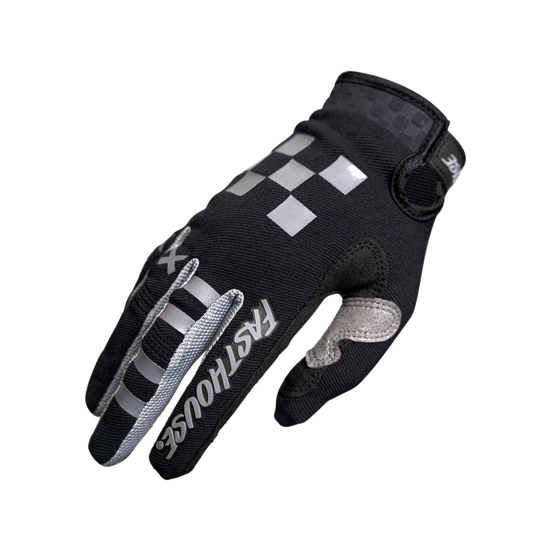 Youth motorcycle glove in dark gray and black with checker stripe accents