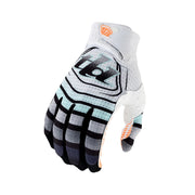 Motorcycle riding glove in white, black, and aqua with orange logo accents