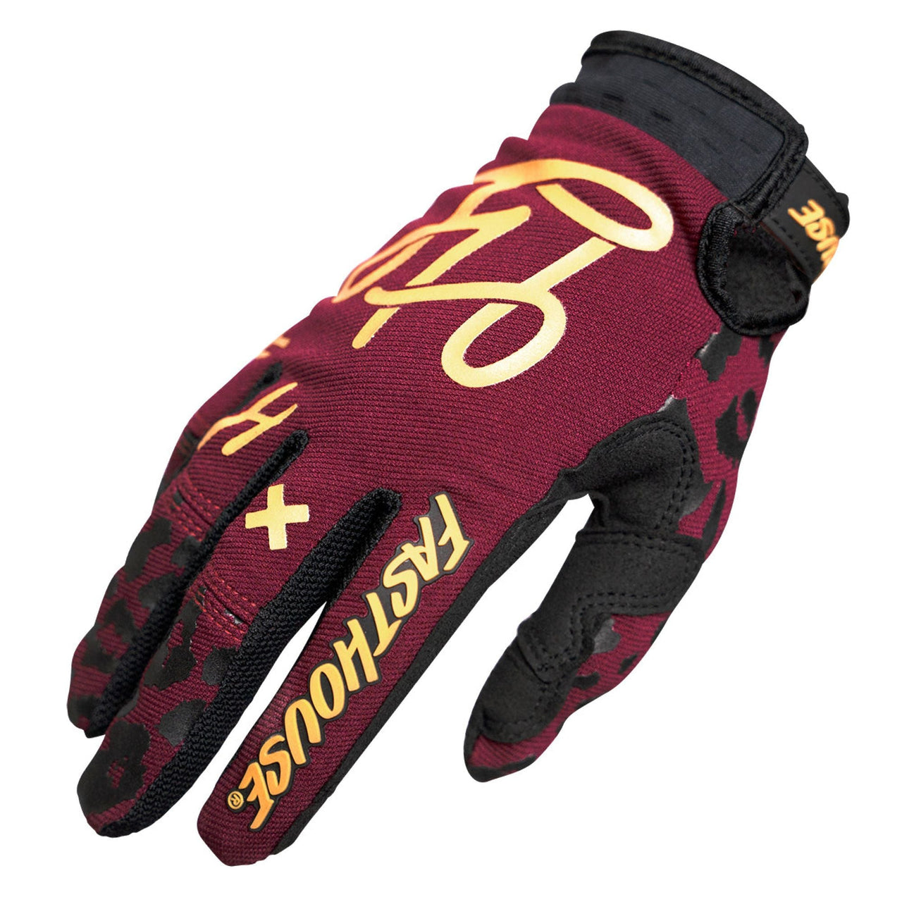 Maroon/black motorcycle glove with yellow logo print and padded knuckle panels