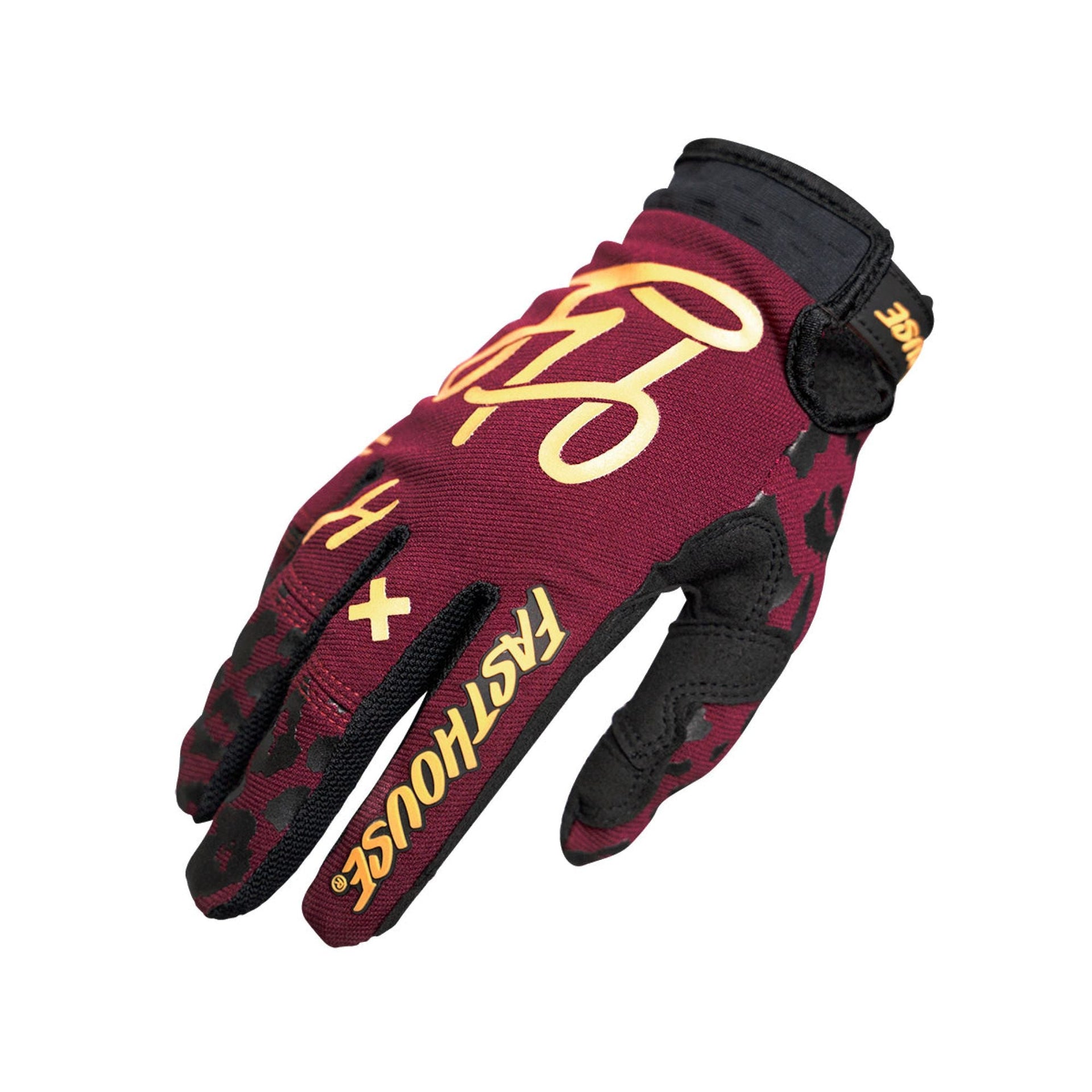 Girl's speed style glove, maroon with gold graphics and black knuckle panels