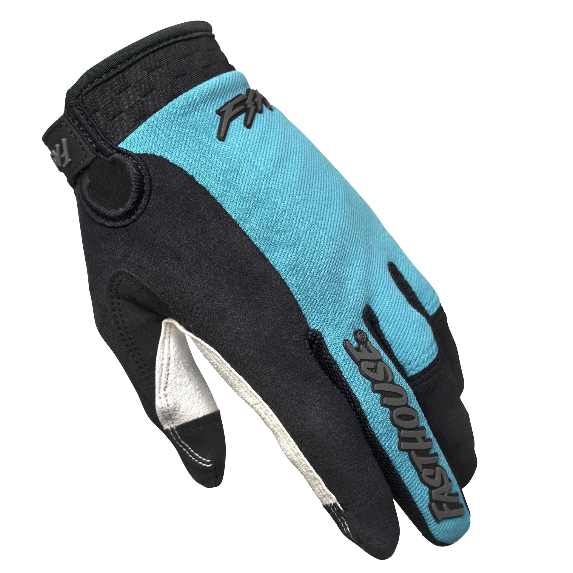 Teal and black motorcycle riding glove with black knuckle padding and logo