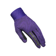 Purple youth motorcycle glove with circuit-style pattern and branded grip palm