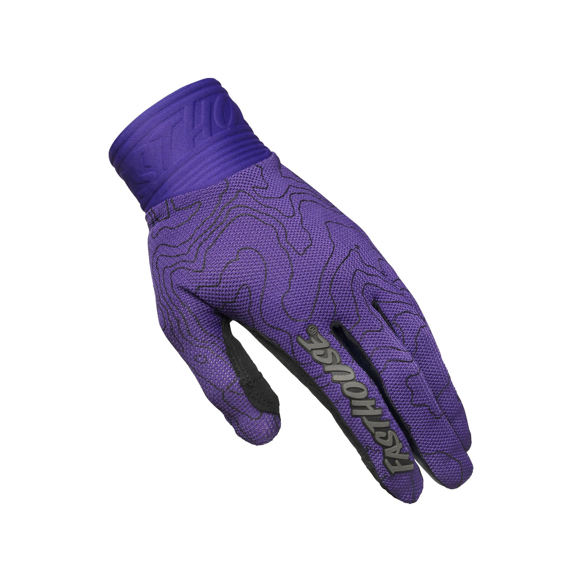 Purple youth motorcycle glove with circuit-style pattern and branded grip palm