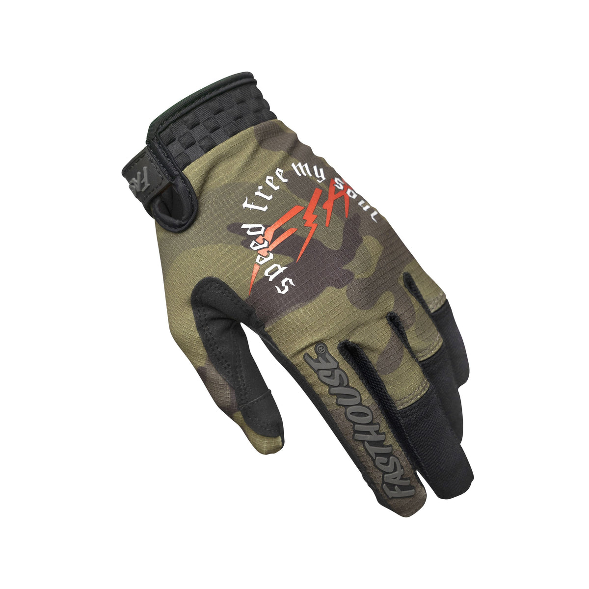 Youth camo riding gloves with olive and black panels and Fasthouse logo graphics