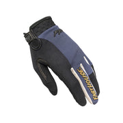 Midnight navy youth riding glove with black knuckle padding and white logo text