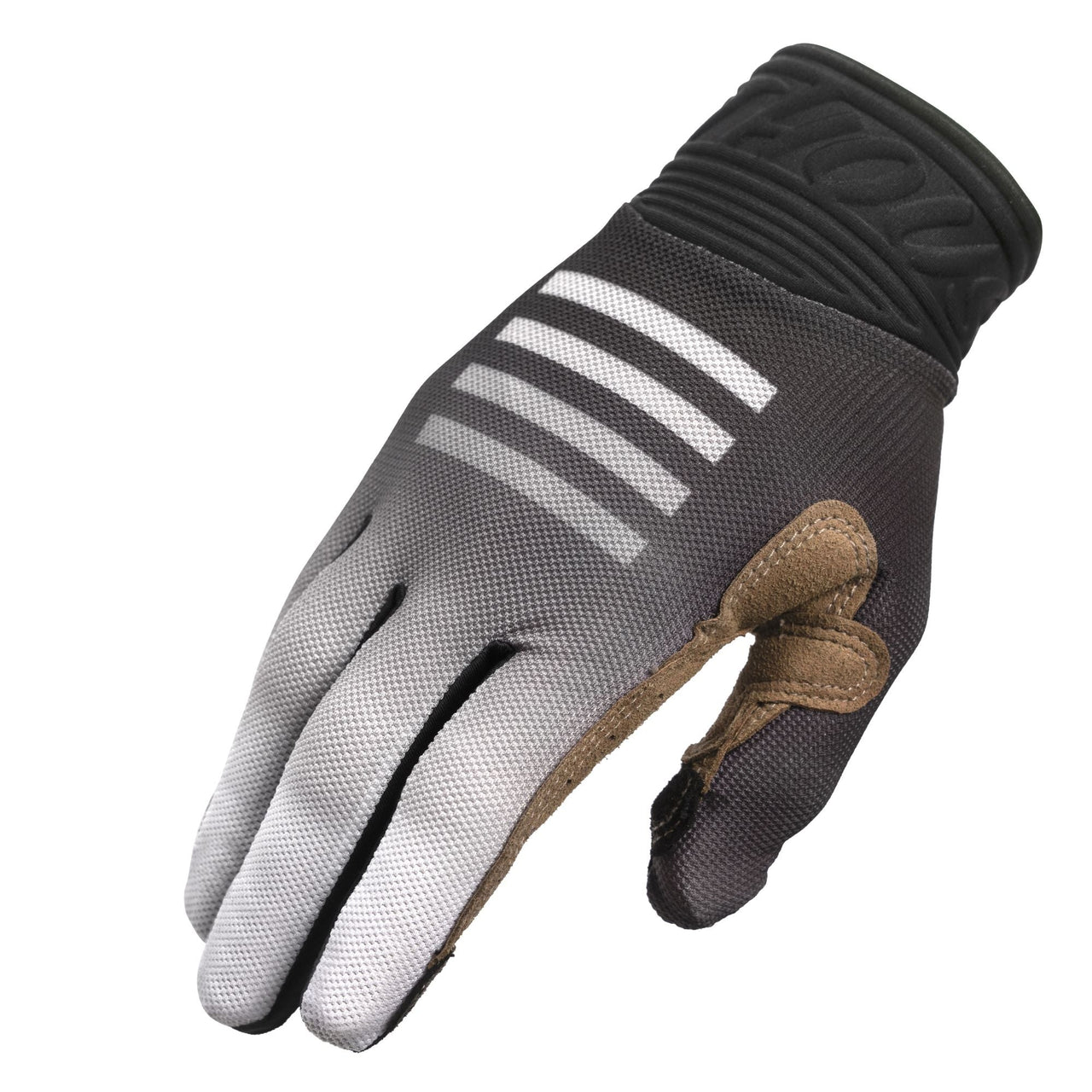 Black and gray cycling glove with white stripes and brown leather patch on palm
