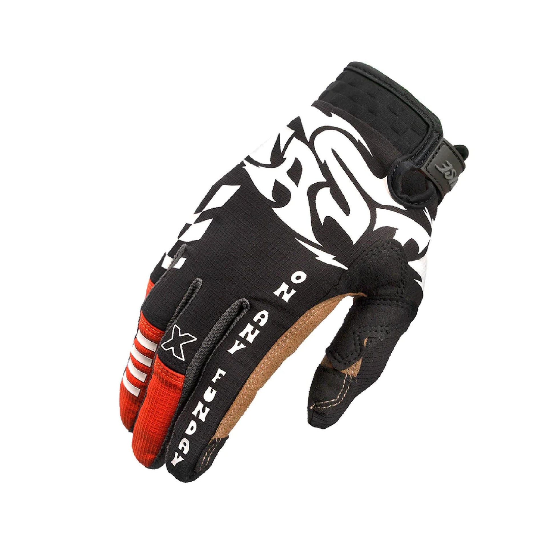 Youth motorcycle glove, black with white graphic, red knuckle and orange-red accents, padded palm