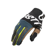 Youth motocross gloves, black with white lettering, brown leather patch, and neon trim