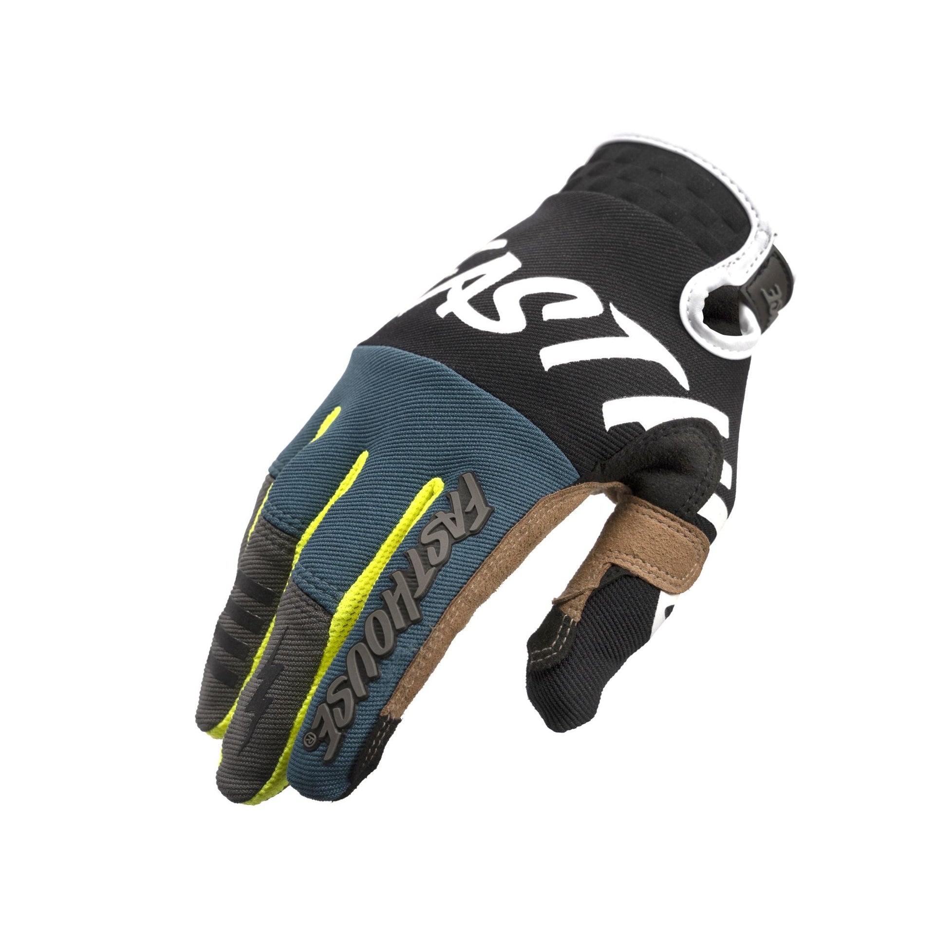 Youth motocross gloves, black with white lettering, brown leather patch, and neon trim