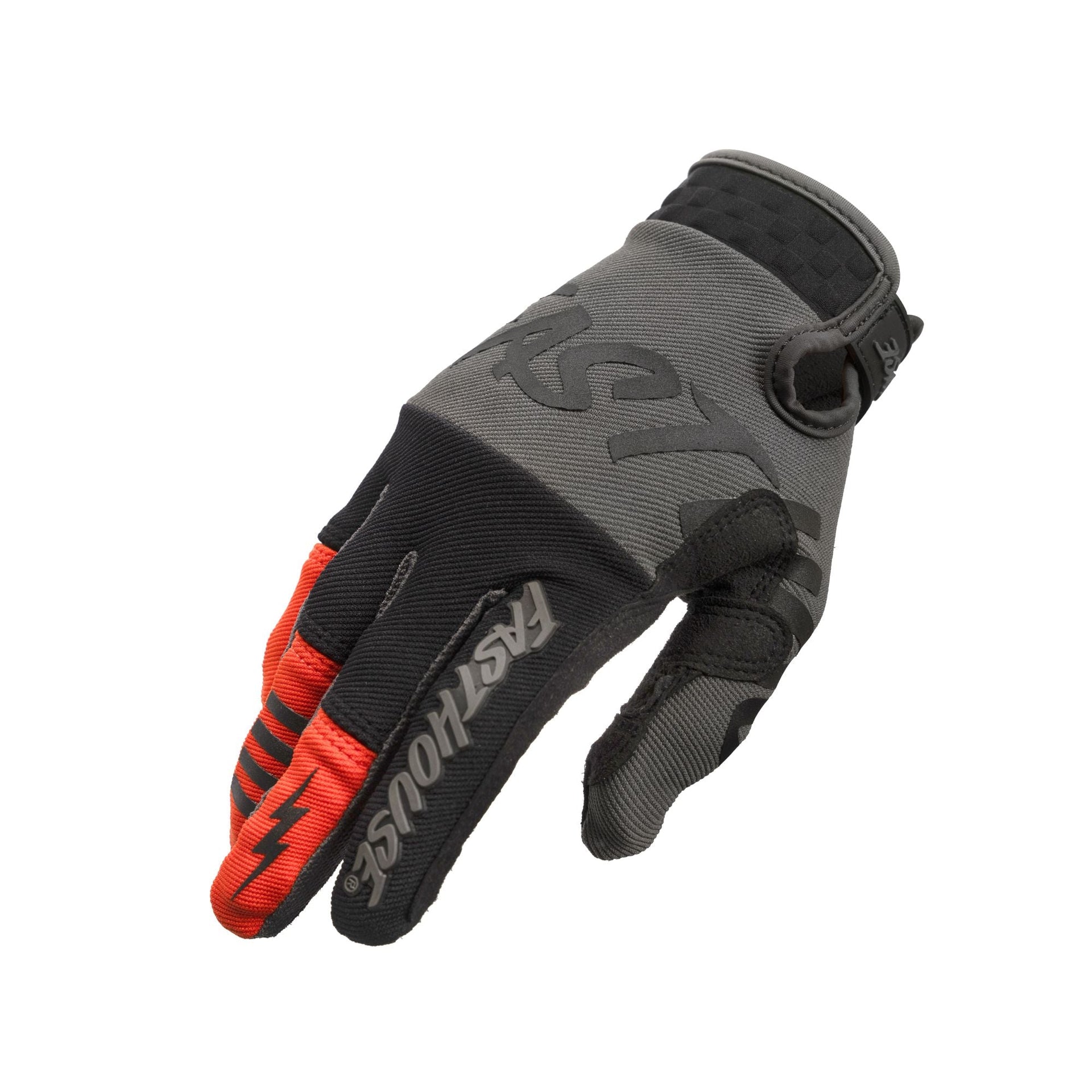 Youth motocross glove in black with gray and orange accents