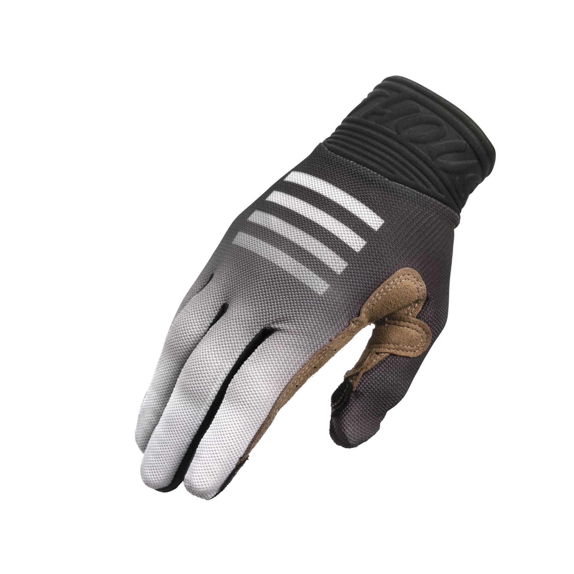 Youth motocross glove with gray palm, white stripe bands, black cuff, tan finger pads