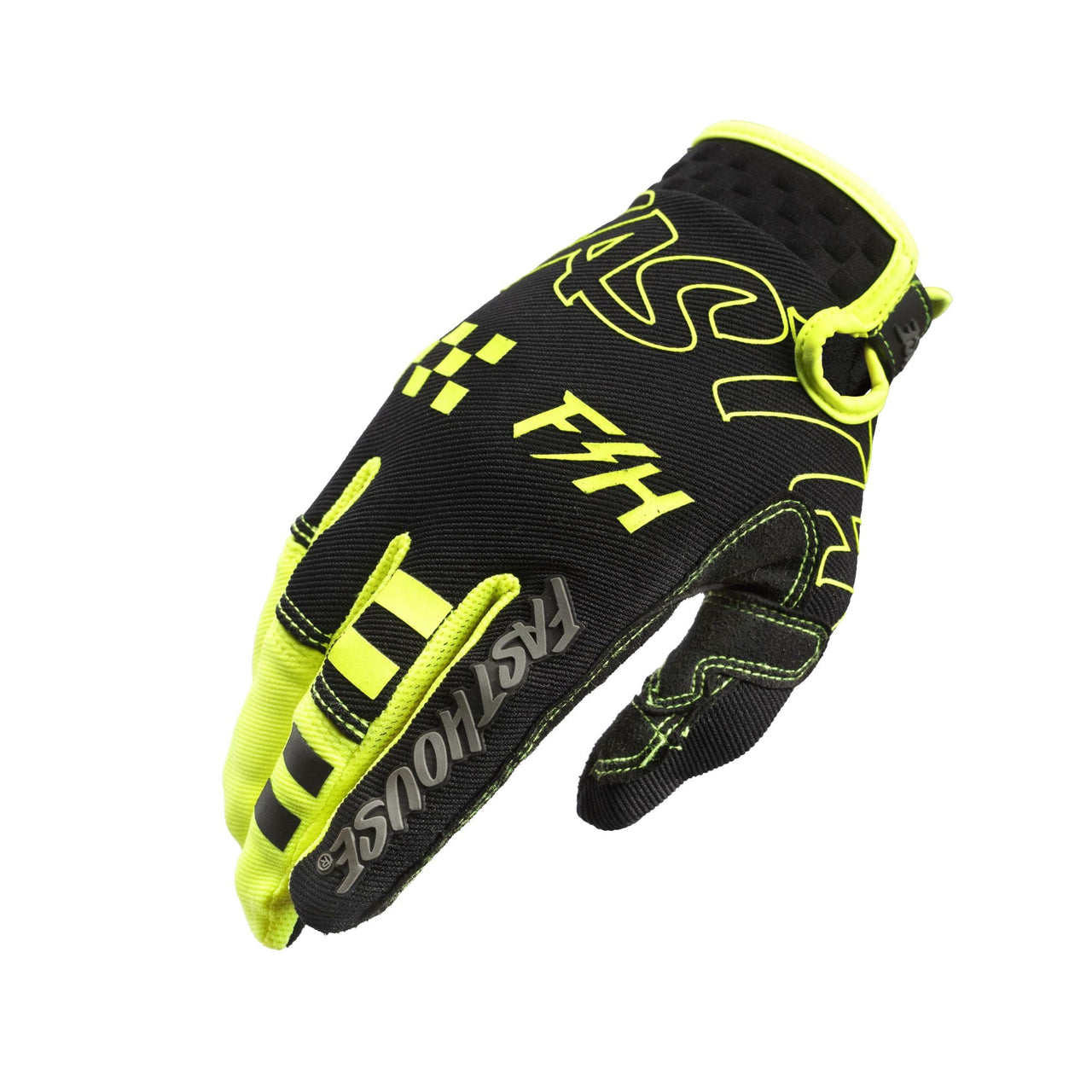 Black and neon yellow youth riding gloves with bold Speed Style graphics