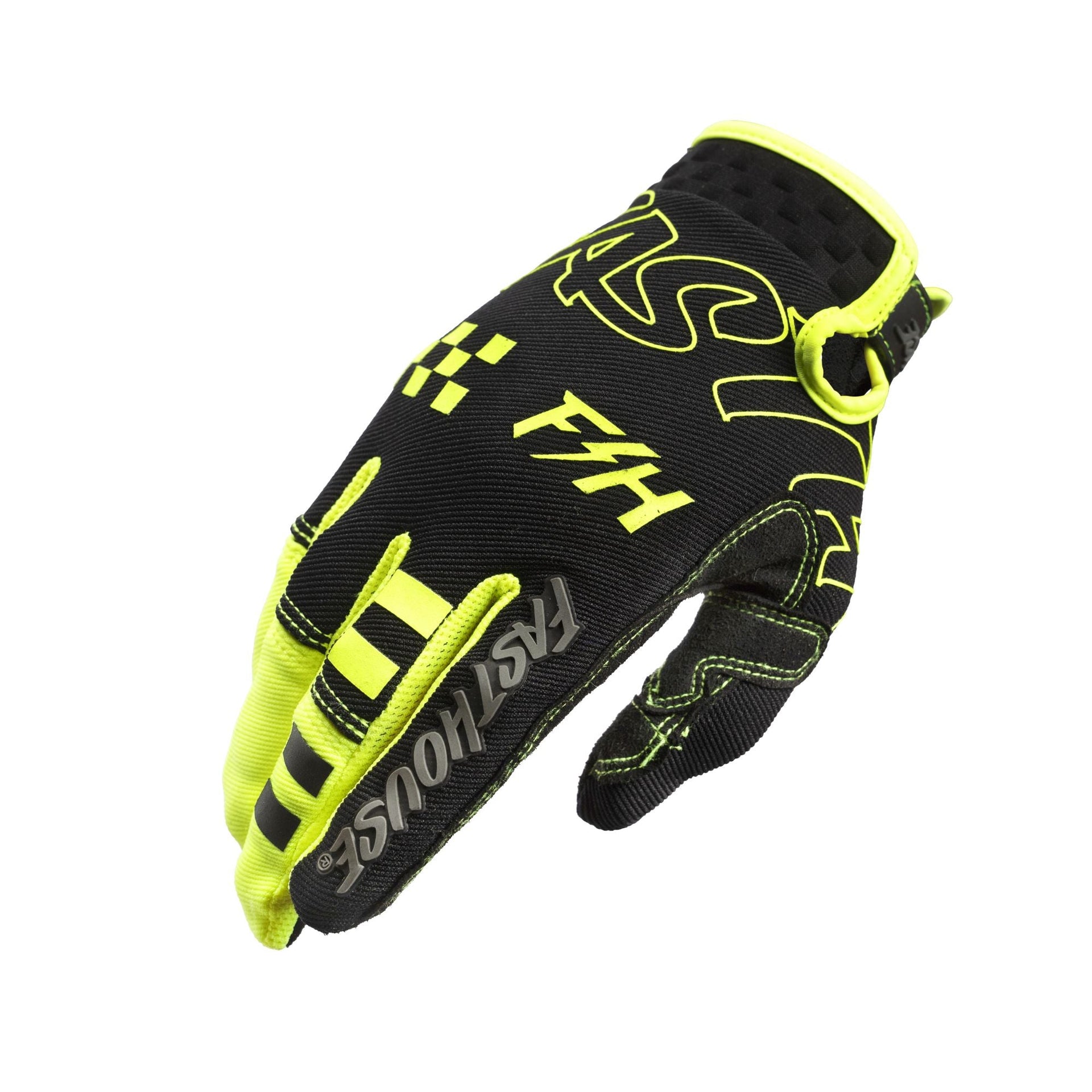 Black and neon yellow youth riding gloves with bold Speed Style graphics