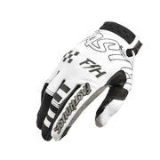 White and black youth riding gloves with large logo print and checkered detail